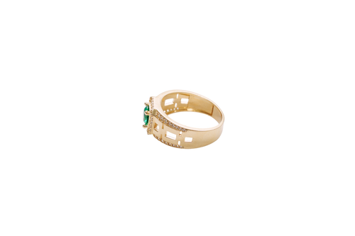 14KT Gold Ring Men's Square Green CZ Round Center Stone White CZ Stone Border Band Design Half/Full/Half Stacked Boxes Cutouts with Single Row White CZ Stones Border
