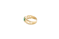 14KT Gold Ring Men's Square Green CZ Round Center Stone White CZ Stone Border Band Design 3 Stacked Cutout Boxes with Single Row White CZ Stones Border
