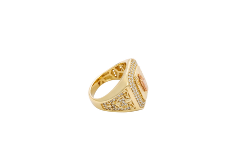 14KT Gold Ring Men's Octagon Rectangle Two Tone Standing St. Jude Center with Sunray Background Double Row White CZ Stone Border with White CZ Side Stones