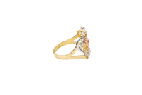 14KT Gold Ring Women's Tri Tone "15" Quinceanera Tiara with Two Round White CZ Stones on Top and Five Round White CZ Stones on Tiara Band Plain Split Band