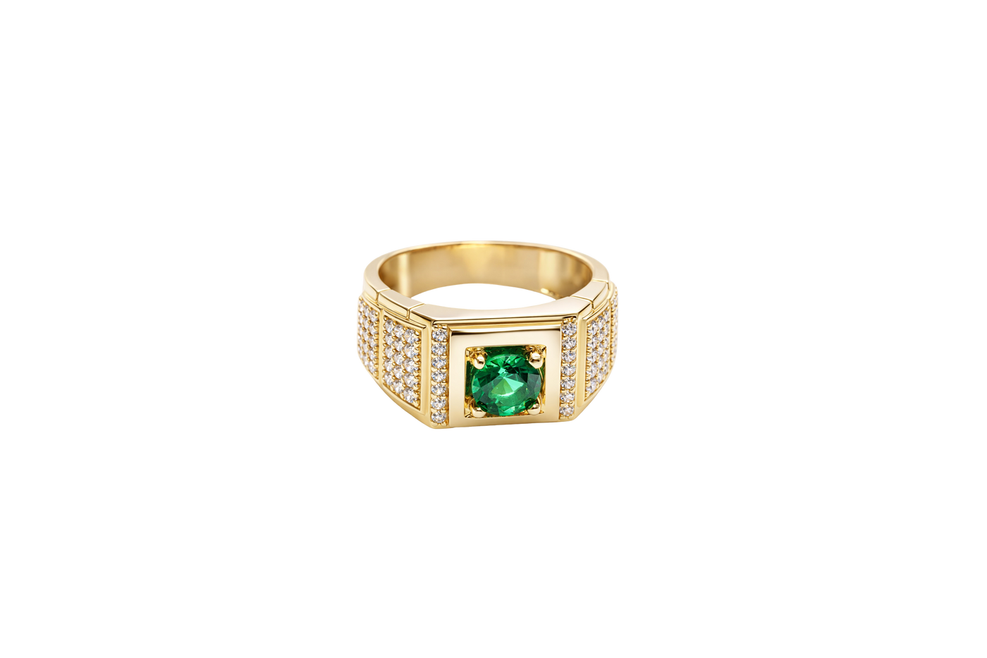 14KT Gold Ring Men's Square Green CZ Round Center Stone Plain Platform Border Band Design Single Row White CZ Stones Stair with Two Five Stone Triple Row White CZ Stones Blocks One Ridge Under Each Box Plain Borders