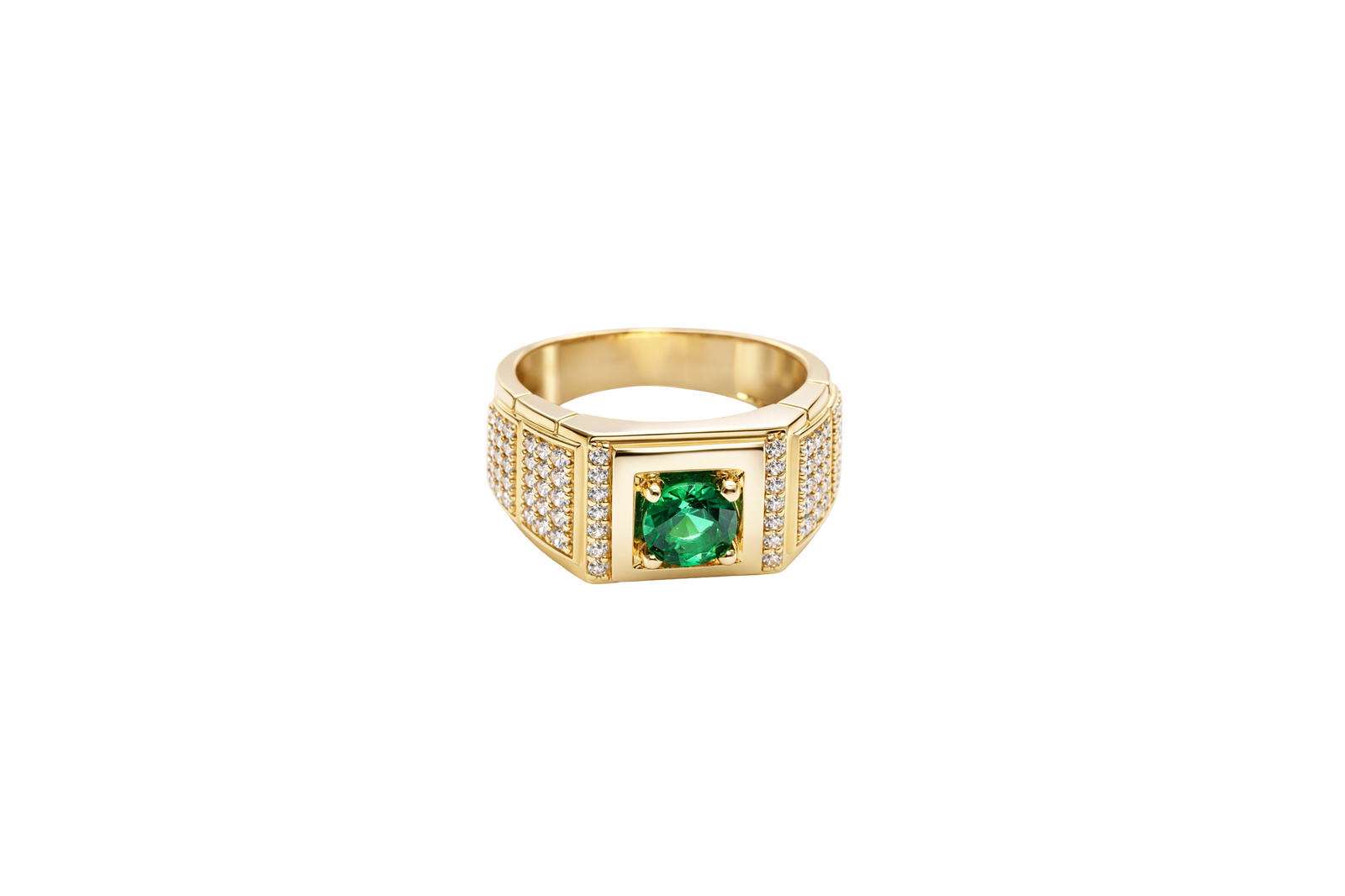 14KT Gold Ring Men's Square Green CZ Round Center Stone Plain Platform Border Band Design Single Row White CZ Stones Stair with Two Five Stone Triple Row White CZ Stones Blocks One Ridge Under Each Box Plain Borders