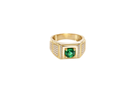 14KT Gold Ring Men's Square Green CZ Round Center Stone Plain Platform Border Band Design Single Row White CZ Stones Stair with Two Five Stone Triple Row White CZ Stones Blocks One Ridge Under Each Box Plain Borders