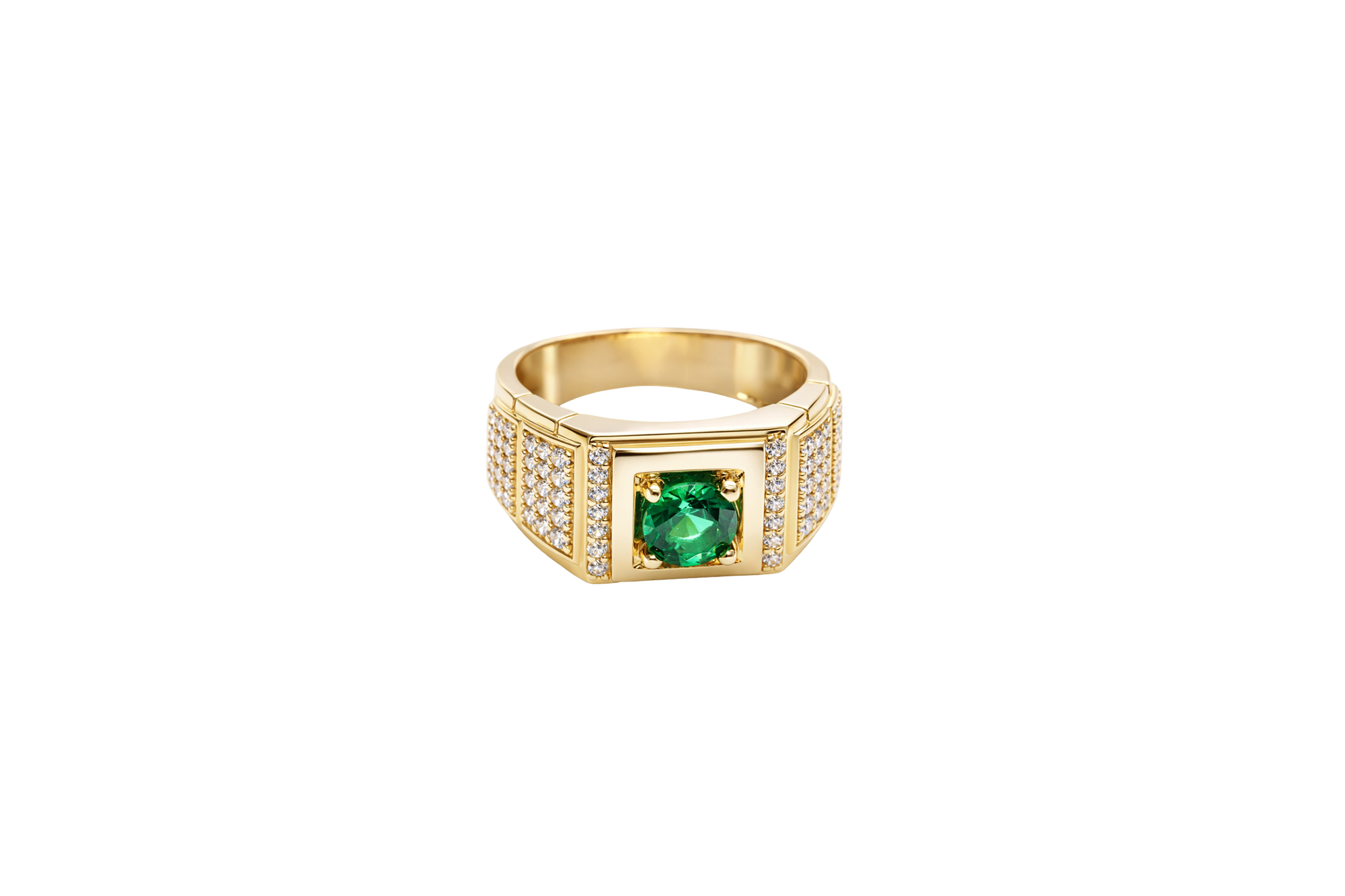 14KT Gold Ring Men's Square Green CZ Round Center Stone Plain Platform Border Band Design Single Row White CZ Stones Stair with Two Five Stone Triple Row White CZ Stones Blocks One Ridge Under Each Box Plain Borders