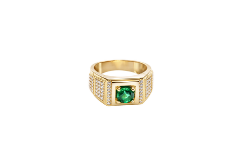 14KT Gold Ring Men's Square Green CZ Round Center Stone Plain Platform Border Band Design Single Row White CZ Stones Stair with Two Five Stone Triple Row White CZ Stones Blocks One Ridge Under Each Box Plain Borders