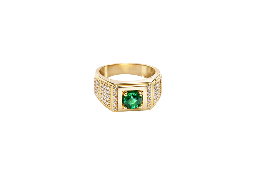 14KT Gold Ring Men's Square Green CZ Round Center Stone Plain Platform Border Band Design Single Row White CZ Stones Stair with Two Five Stone Triple Row White CZ Stones Blocks One Ridge Under Each Box Plain Borders