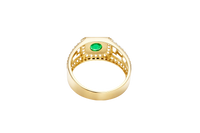14KT Gold Ring Men's Octagon Green CZ Round Center Stone White CZ Stone Border and Three Stacked Cutout Boxes with Single Row White CZ Stones Band