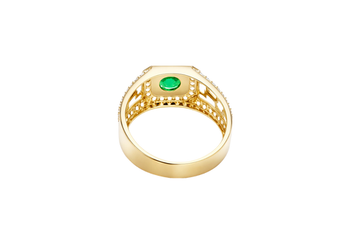 14KT Gold Ring Men's Octagon Green CZ Round Center Stone White CZ Stone Border and Three Stacked Cutout Boxes with Single Row White CZ Stones Band