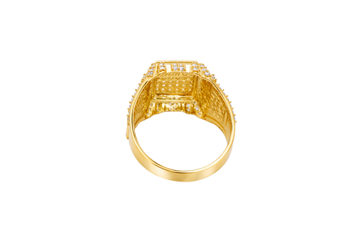 14KT Gold Ring Men's Rectangle Seven Row White CZ Stone Platform Double Plain Border Edge White Stones Shank Embossed Scrolled Design White CZ Stone Border and Three White CZ Stone Stripes