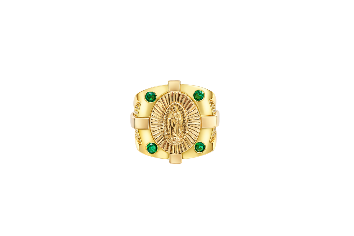 14KT Gold Ring Men's Square Raised Two Tone Oval Virgin Mary with Sunray Background and Corner Design One Green CZ Stone Shank Design Double Row White CZ Stone Interlocking Top/Side Cross