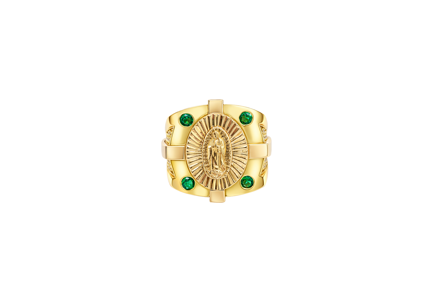 14KT Gold Ring Men's Square Raised Two Tone Oval Virgin Mary with Sunray Background and Corner Design One Green CZ Stone Shank Design Double Row White CZ Stone Interlocking Top/Side Cross