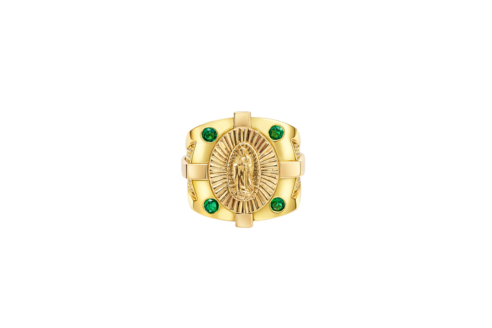 14KT Gold Ring Men's Square Raised Two Tone Oval Virgin Mary with Sunray Background and Corner Design One Green CZ Stone Shank Design Double Row White CZ Stone Interlocking Top/Side Cross