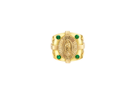 14KT Gold Ring Men's Square Raised Two Tone Oval Virgin Mary with Sunray Background and Corner Design One Green CZ Stone Shank Design Double Row White CZ Stone Interlocking Top/Side Cross