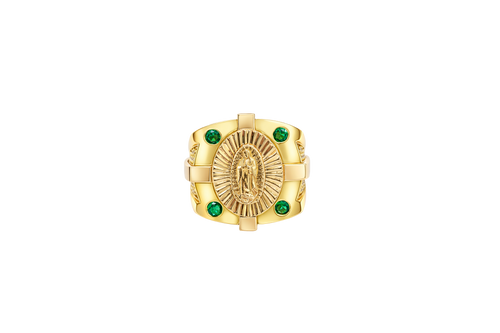 14KT Gold Ring Men's Square Raised Two Tone Oval Virgin Mary with Sunray Background and Corner Design One Green CZ Stone Shank Design Double Row White CZ Stone Interlocking Top/Side Cross