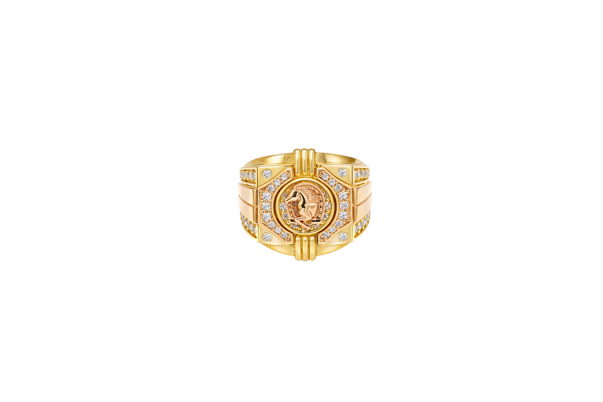 14KT Gold Ring Men's Square Two Tone Horse Head Round Center with Horseshoe Frame and White CZ Stones Border White CZ Stone on Each Corner and U-Shaped White CZ Stones Band Border