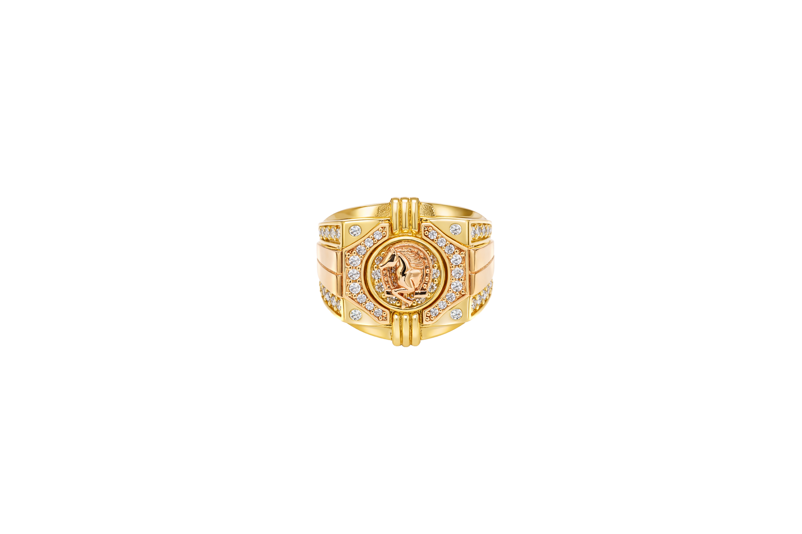 14KT Gold Ring Men's Square Two Tone Horse Head Round Center with Horseshoe Frame and White CZ Stones Border White CZ Stone on Each Corner and U-Shaped White CZ Stones Band Border