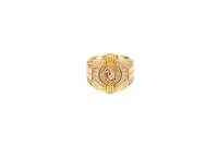 14KT Gold Ring Men's Square Two Tone Horse Head Round Center with Horseshoe Frame and White CZ Stones Border White CZ Stone on Each Corner and U-Shaped White CZ Stones Band Border