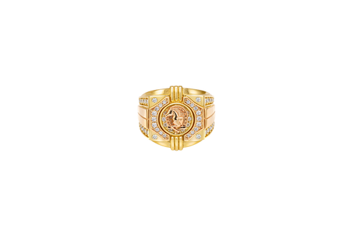 14KT Gold Ring Men's Square Two Tone Horse Head Round Center with Horseshoe Frame and White CZ Stones Border White CZ Stone on Each Corner and U-Shaped White CZ Stones Band Border