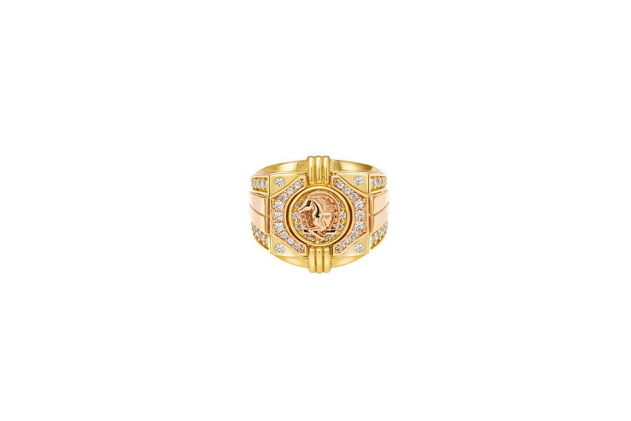 14KT Gold Ring Men's Square Two Tone Horse Head Round Center with Horseshoe Frame and White CZ Stones Border White CZ Stone on Each Corner and U-Shaped White CZ Stones Band Border