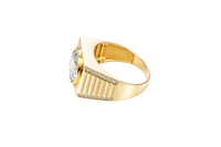 14KT Gold Ring Men's Square with Large White CZ Center Stone Plain Border Band Design 7 Round White CZ Stone Edge