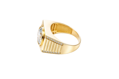 14KT Gold Ring Men's Square with Large White CZ Center Stone Plain Border Band Design 7 Round White CZ Stone Edge