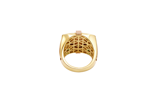 14KT Gold Ring Men's Square Two Tone Raised Oval Santa Muerte with Sunray Background and Corner Design One Green CZ Stone Shank Design Double Row White CZ Stone Interlocking Top/Side Cross