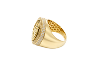 14KT Gold Ring Men's Round St Clare Greek Border Double Row White CZ Stones Outside Border Plain Band