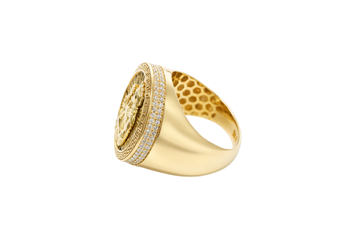 14KT Gold Ring Men's Round St Clare Greek Border Double Row White CZ Stones Outside Border Plain Band