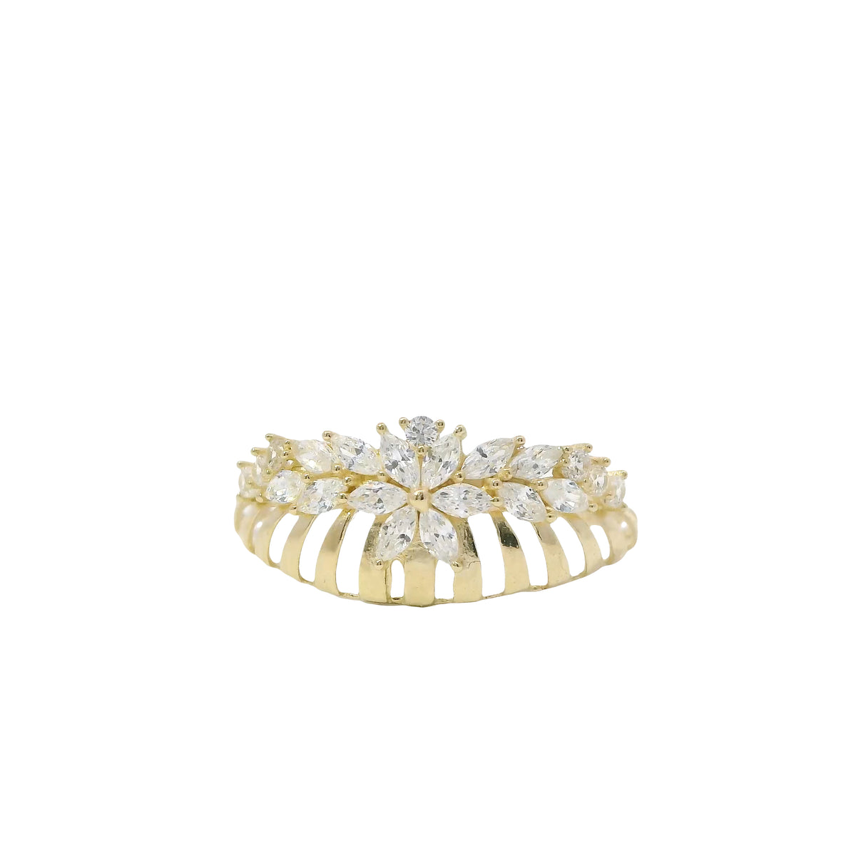 14KT Gold Ring Women's Light Weight White CZ Stone Snowflake Garland Center with Open Stripe Band