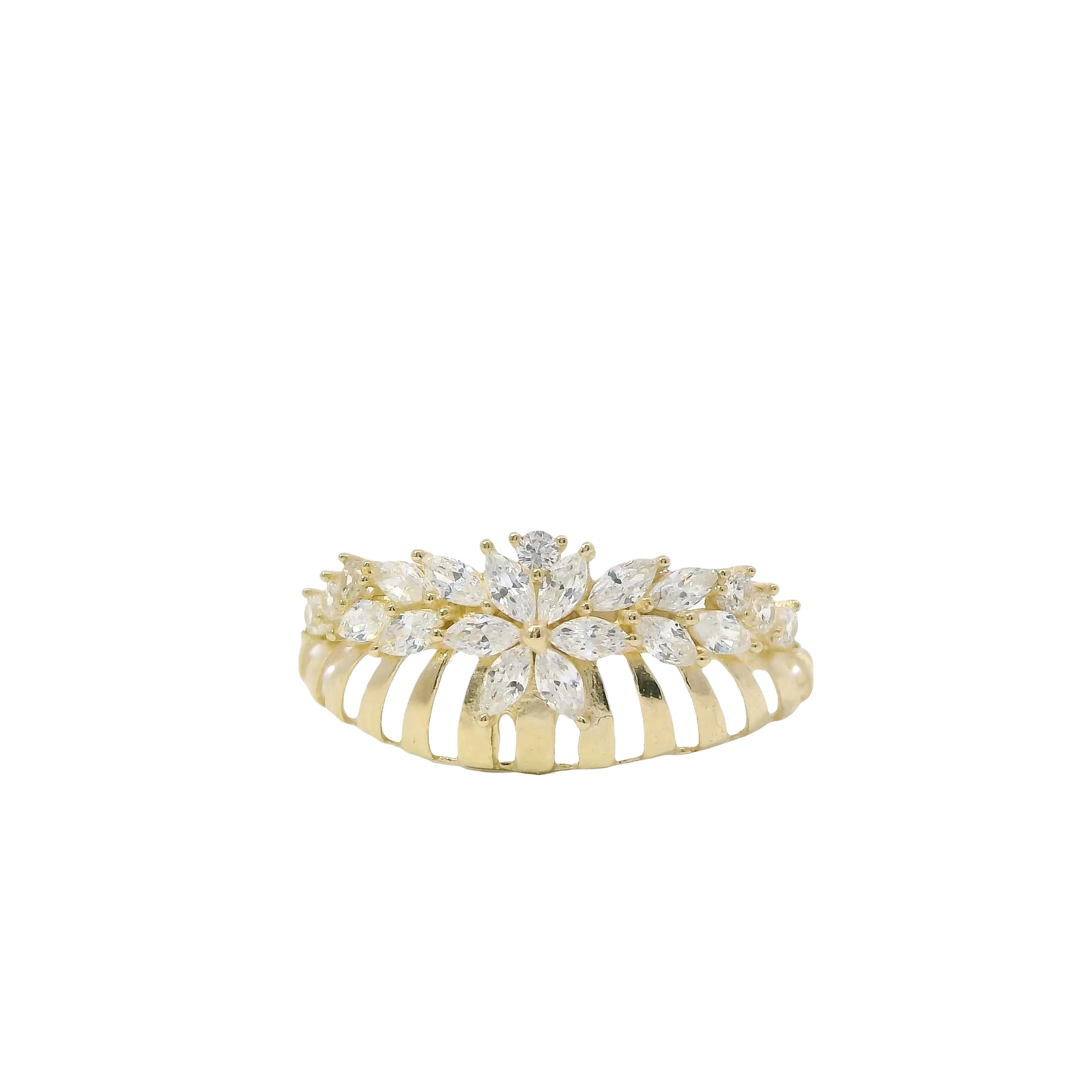 14KT Gold Ring Women's Light Weight White CZ Stone Snowflake Garland Center with Open Stripe Band