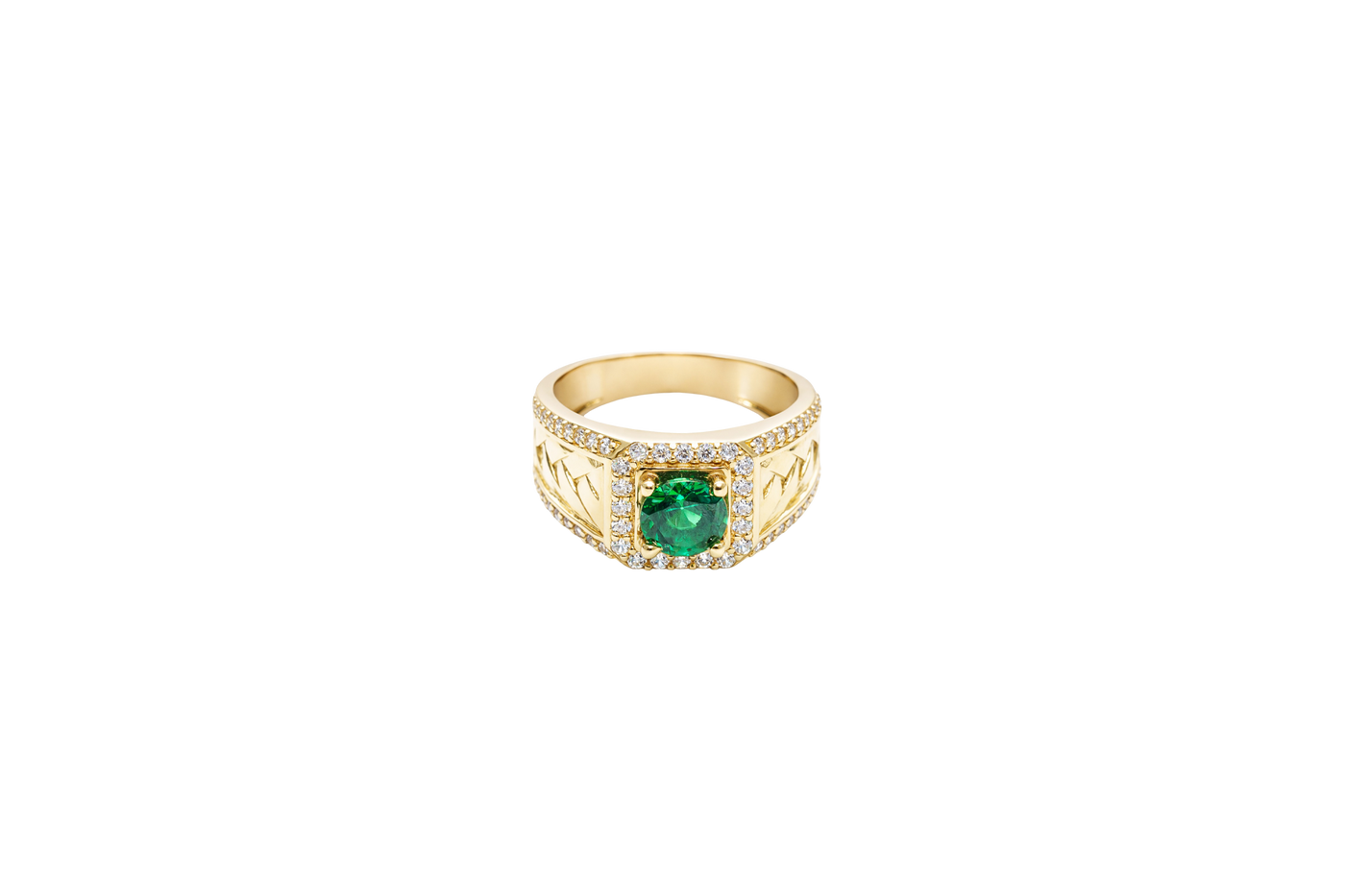 14KT Gold Ring Men's Square Green CZ Round Center Stone White CZ Stone Border Band Design Braid with Single Row White CZ Stones Border