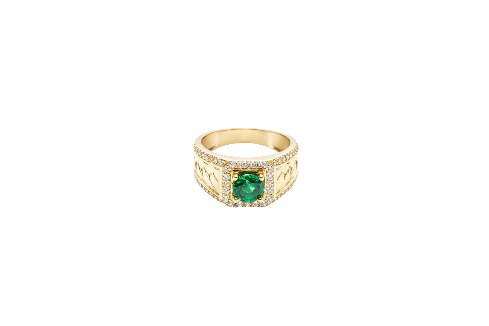 14KT Gold Ring Men's Square Green CZ Round Center Stone White CZ Stone Border Band Design Braid with Single Row White CZ Stones Border