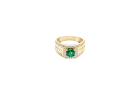 14KT Gold Ring Men's Square Green CZ Round Center Stone White CZ Stone Border Band Design Braid with Single Row White CZ Stones Border