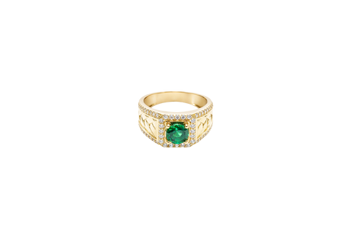 14KT Gold Ring Men's Square Green CZ Round Center Stone White CZ Stone Border Band Design Braid with Single Row White CZ Stones Border
