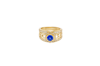 14KT Gold Ring Men's Round Blue CZ Stone Hexagon White CZ Stones Border with Side Design White CZ Stones/ Cuban Link Design