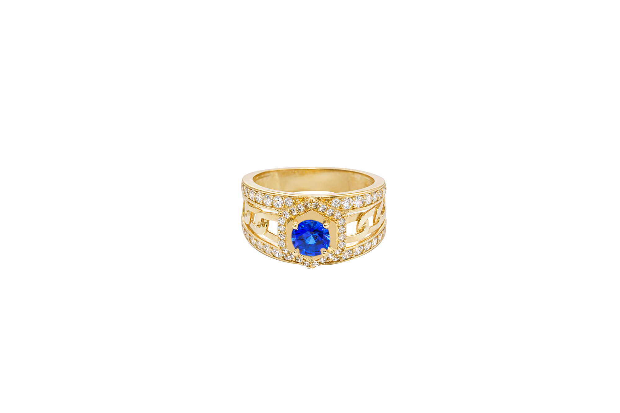 14KT Gold Ring Men's Round Blue CZ Stone Hexagon White CZ Stones Border with Side Design White CZ Stones/ Cuban Link Design