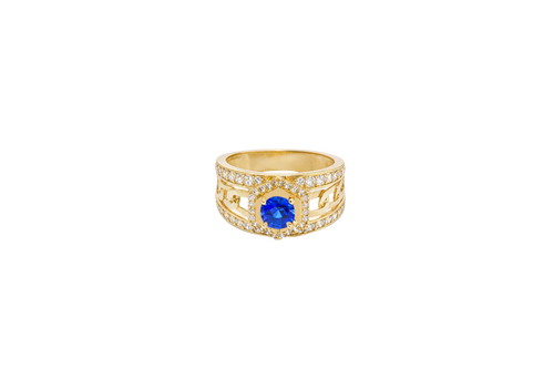 14KT Gold Ring Men's Round Blue CZ Stone Hexagon White CZ Stones Border with Side Design White CZ Stones/ Cuban Link Design