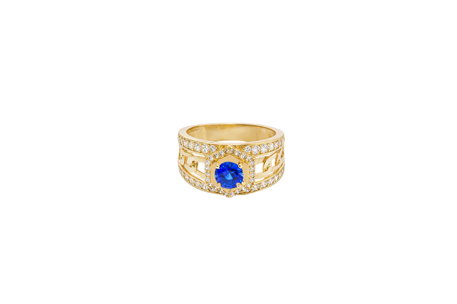 14KT Gold Ring Men's Round Blue CZ Stone Hexagon White CZ Stones Border with Side Design White CZ Stones/ Cuban Link Design