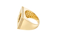 14KT Gold Ring Men's Square St. Barbara Plain Border Double Row White CZ Stones Outside Border Plain Band