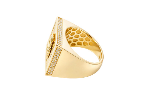 14KT Gold Ring Men's Square St. Barbara Plain Border Double Row White CZ Stones Outside Border Plain Band