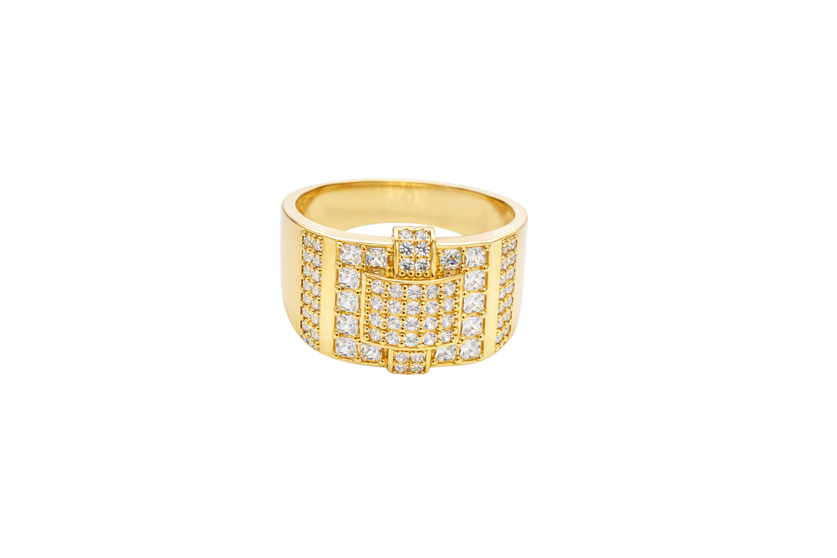 14KT Gold Ring Men's Raised Curved Square of 20 White CZ Stones with Double Row White CZ Stone Belt Through Curved Square and Single White CZ Stones Border and Double Row of White CZ Stones on Band