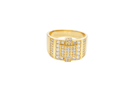 14KT Gold Ring Men's Raised Curved Square of 20 White CZ Stones with Double Row White CZ Stone Belt Through Curved Square and Single White CZ Stones Border and Double Row of White CZ Stones on Band
