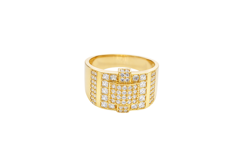 14KT Gold Ring Men's Raised Curved Square of 20 White CZ Stones with Double Row White CZ Stone Belt Through Curved Square and Single White CZ Stones Border and Double Row of White CZ Stones on Band