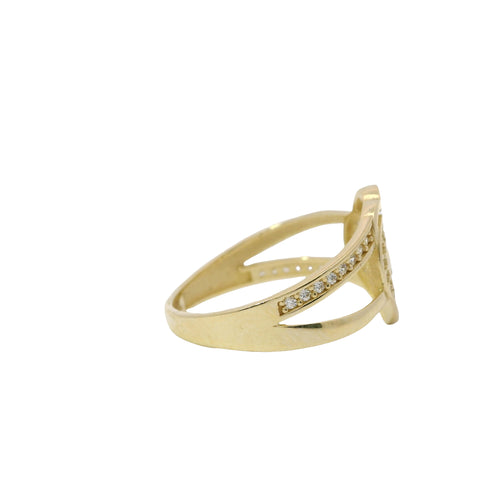 14KT Gold Ring Women's Interlocking Hearts Plain and CZ Stone Hearts and Split Band