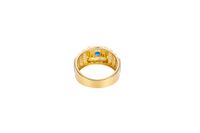 14KT Gold Ring Men's Square Blue Round CZ Stone Plain Square Border Side Design Three Tiers of Single Row White CZ Stones Stairs and Triple Row of White CZ Stones Under Stairs