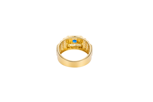 14KT Gold Ring Men's Square Blue Round CZ Stone Plain Square Border Side Design Three Tiers of Single Row White CZ Stones Stairs and Triple Row of White CZ Stones Under Stairs