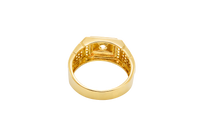 14KT Gold Ring Men's Round White CZ Stone Center with Plain Square Border and Single Row of Seven White CZ Stone Center Side Border Side Design Two Smaller Plain Square Border Two Triple Rows of Five White CZ Stones