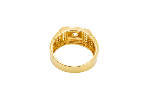 14KT Gold Ring Men's Round White CZ Stone Center with Plain Square Border and Single Row of Seven White CZ Stone Center Side Border Side Design Two Smaller Plain Square Border Two Triple Rows of Five White CZ Stones