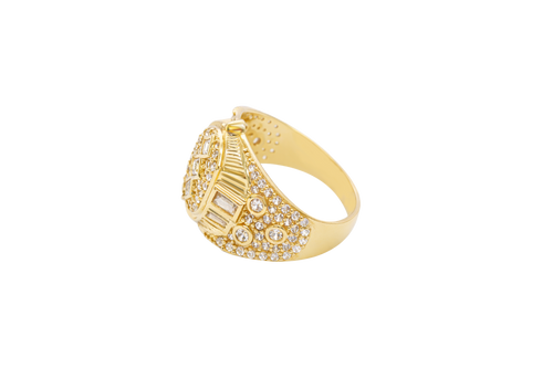 14KT Gold Ring Men's Rounded Square White CZ Stone Platform with Three Stacked Triangle Center Stones Plain Border Band Design Three Circles Plain Border Filled in U Shape CZ Stones Background