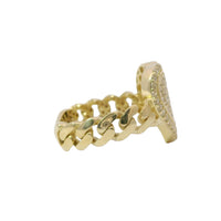 14KT Gold Ring Women's Heart Shape White CZ Stone Center Plain Outline White CZ Stone Border Cuban Link Band